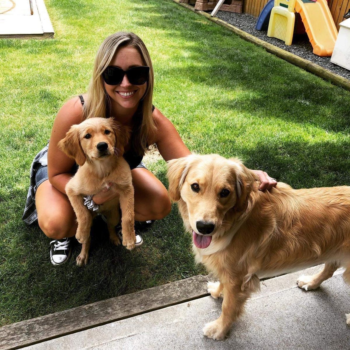 A woman crouched on the lawn with a golden puppy and a grown golden